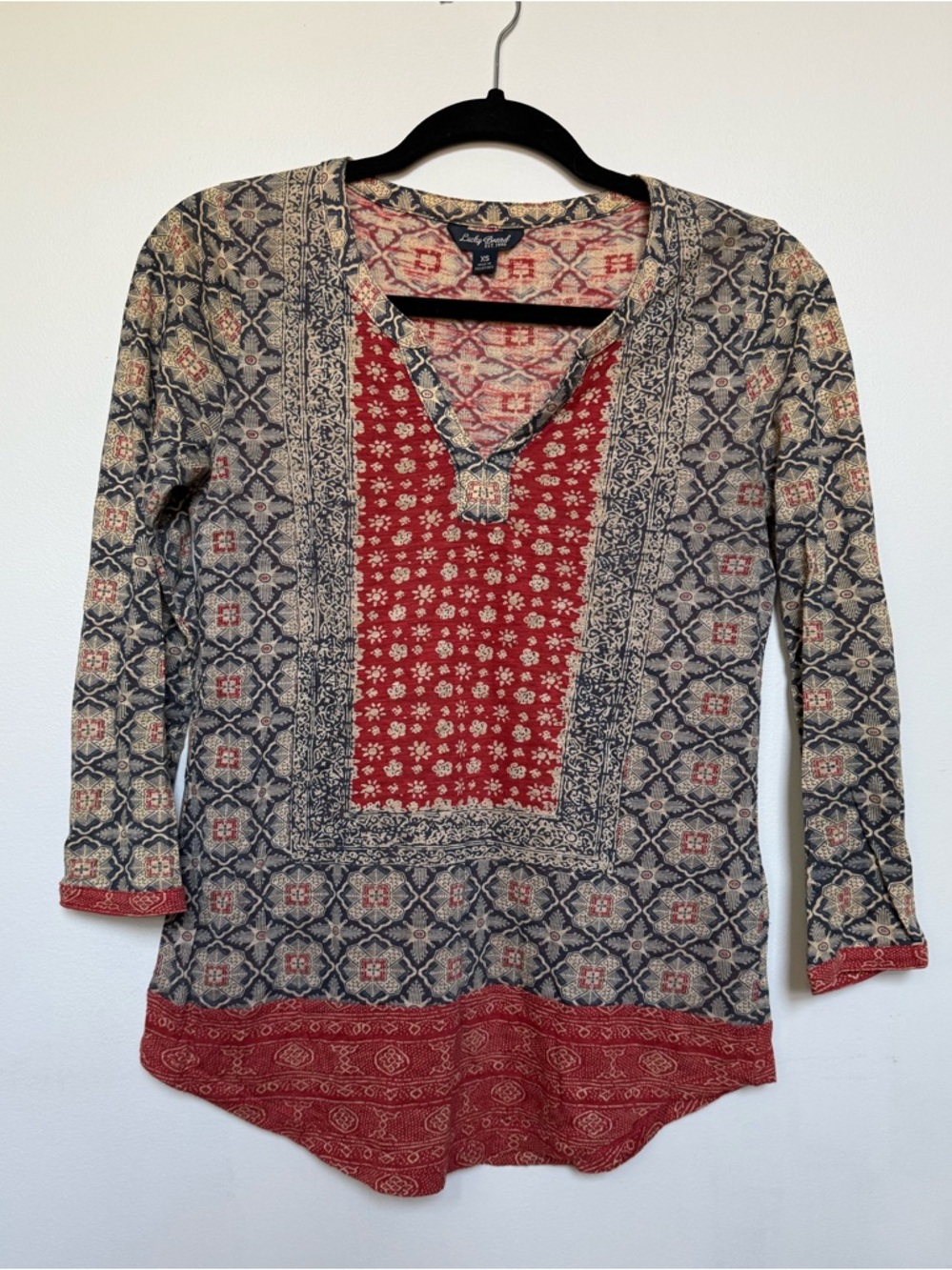 Lucky Brand Red and Blue Patterned Split-Neck Tunic
